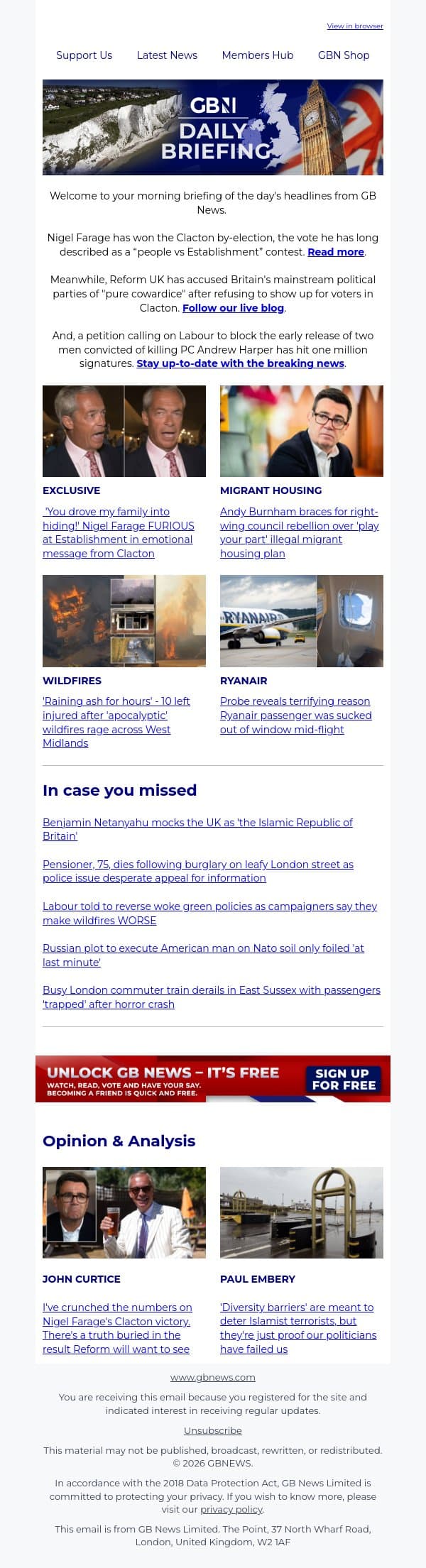 Farage wins Clacton by-election despite 'organised campaign to disrupt result' email from GB News screenshot