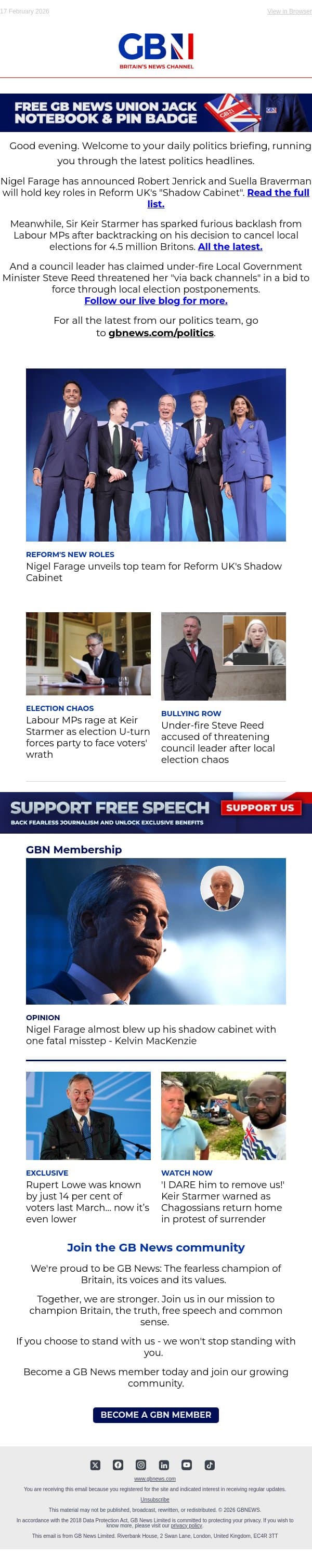 Farage unveils Reform UK top team | Labour MPs rage at Starmer | Steve Reed 'threatens' council boss email from GB News screenshot