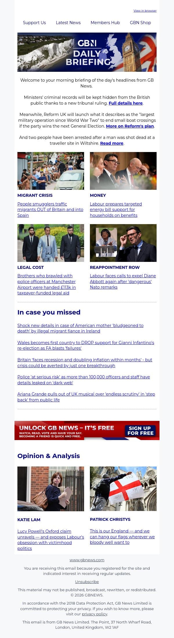 Ministers' criminal records to be kept SECRET from British public email from GB News screenshot