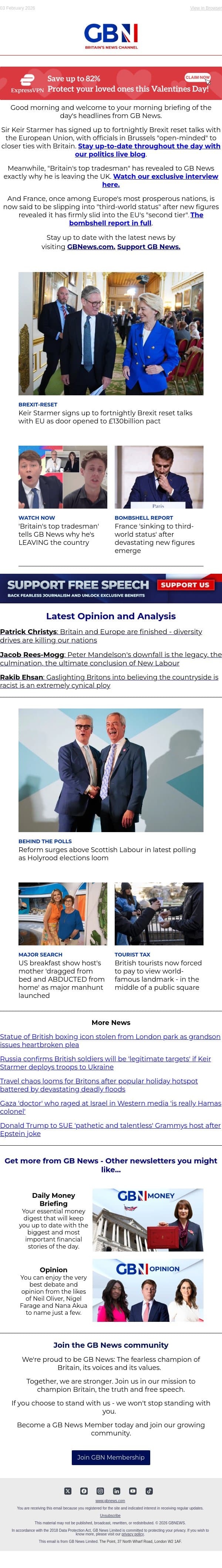 PM agrees EU reset talks | Britain's top tradesman leaves UK | France 'sinking to 3rd-world status' email from GB News screenshot