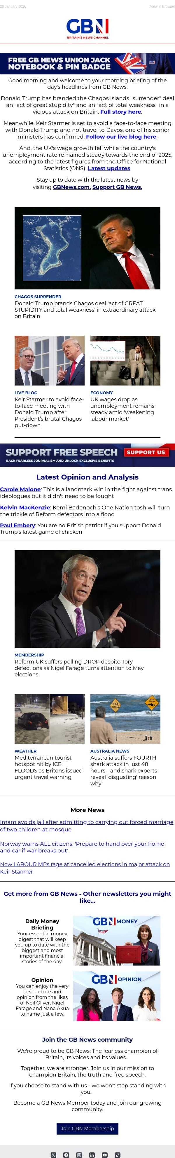 Trump slams 'stupid and weak' Chagos deal | PM to avoid meeting with Trump at Davos | UK wages drop email from GB News screenshot