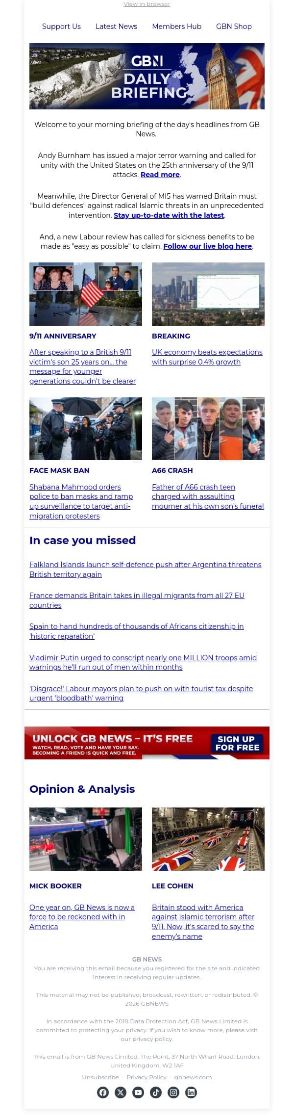 Burnham issues major terror warning and urges UK and US to stand together on 9/11 anniversary email from GB News screenshot