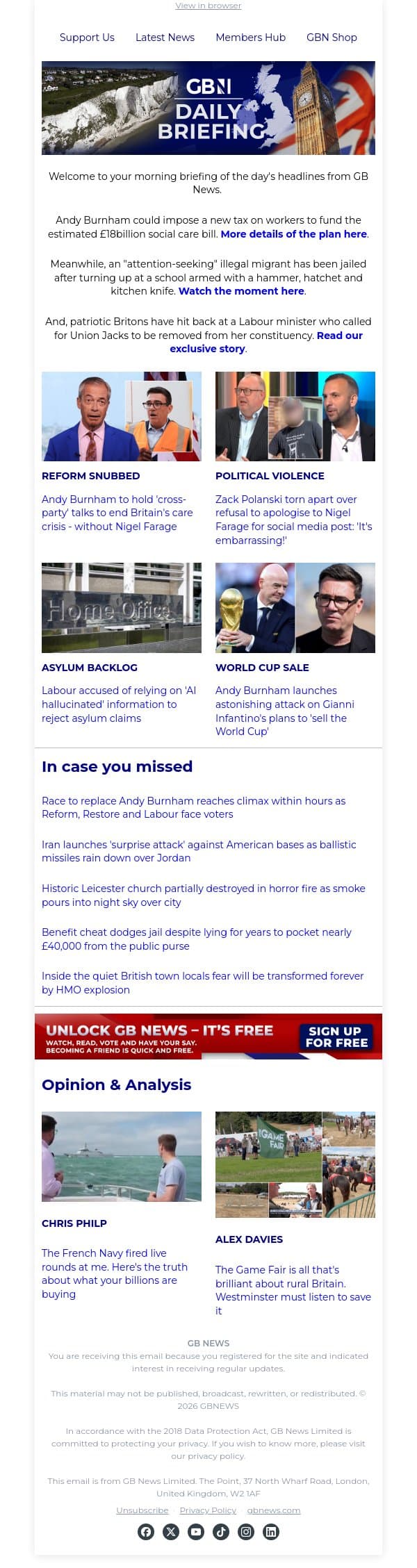 Burnham could impose new income tax to fund social care plans email from GB News screenshot