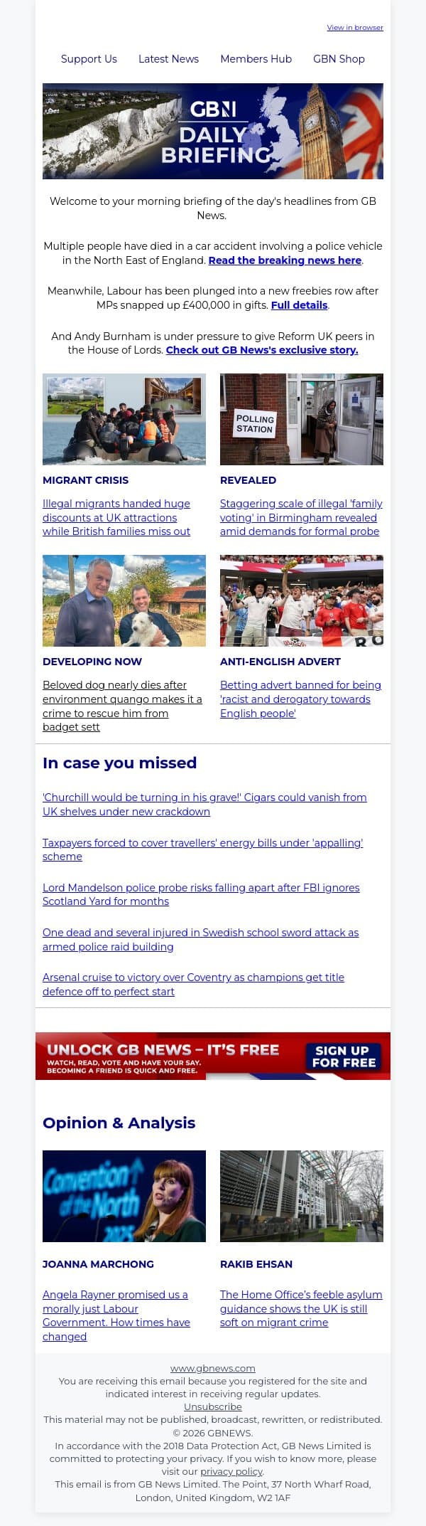 BREAKING: Multiple people dead after police vehicle involved in early morning crash email from GB News screenshot