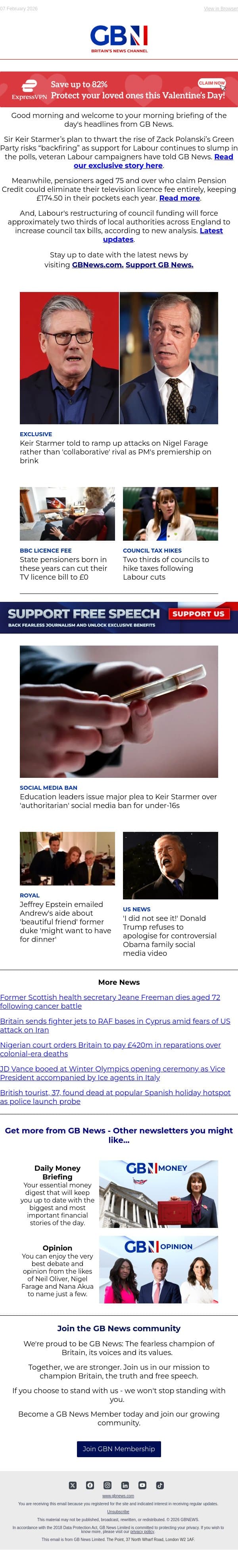 PM told to ramp up attacks on Farage | Pensioners can cut TV licence bill | Councils hike taxes email from GB News screenshot