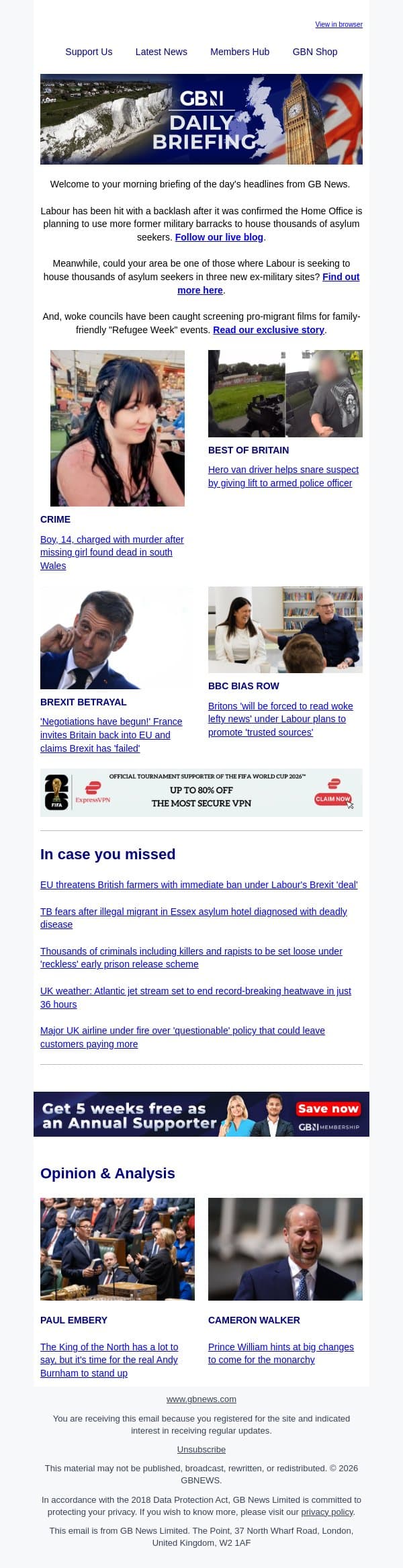 Asylum seeker military camps plan fury as Labour seats avoid 5,000 migrants email from GB News screenshot