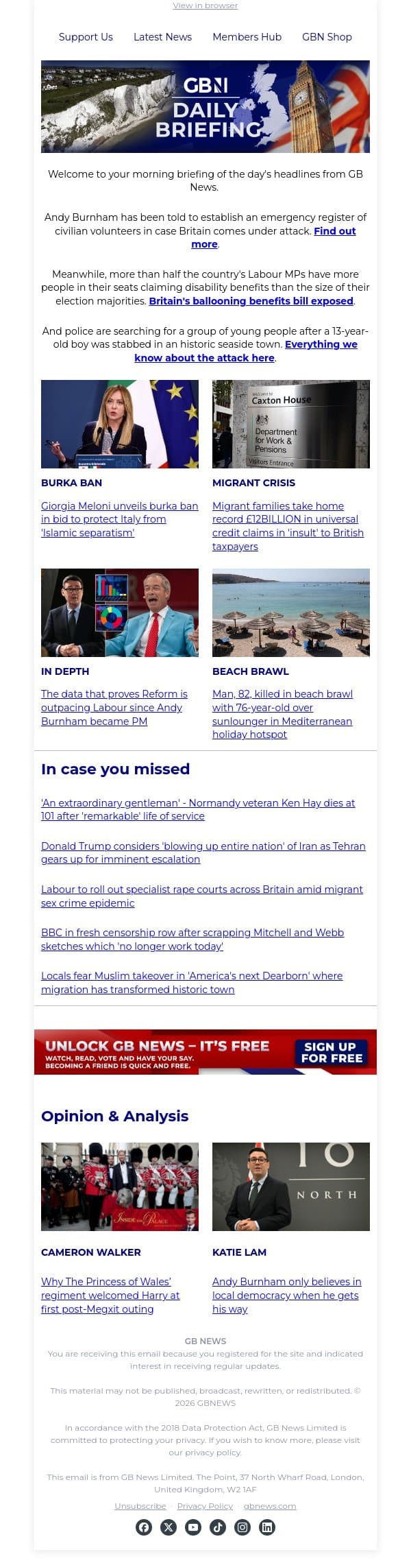 Burnham told to roll out 'war register' in case UK comes under attack email from GB News screenshot