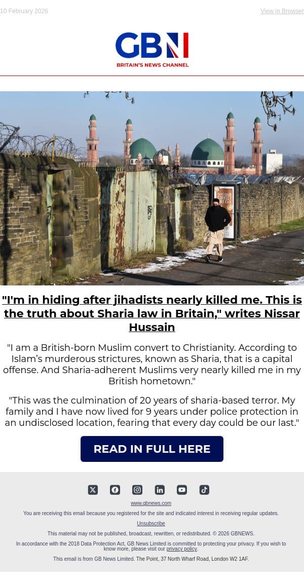 "I'm in hiding after jihadists nearly killed me. This is the truth about Sharia law in Britain." email from GB News screenshot