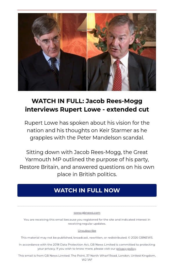 WATCH IN FULL: Jacob Rees-Mogg interviews Rupert Lowe - extended cut email from GB News screenshot