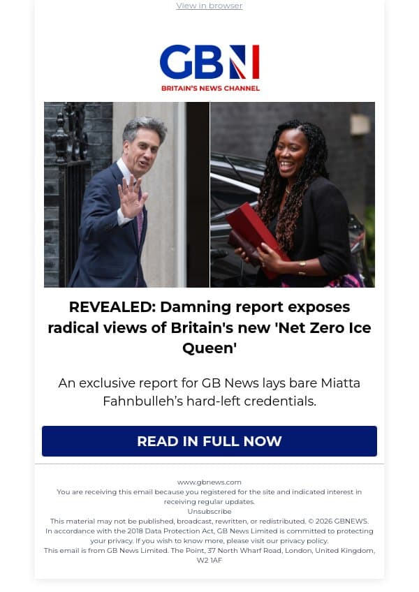 REVEALED: Damning report exposes radical views of Britain's new 'Net Zero Ice Queen' email from GB News screenshot