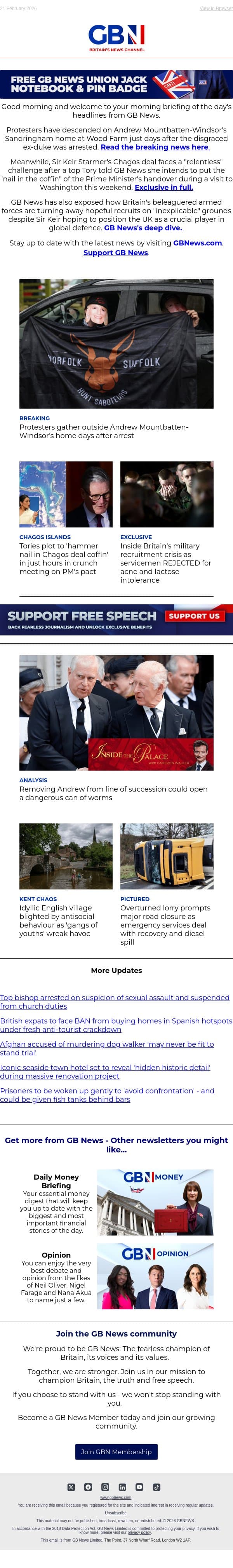 Protest outside Andrew's home | Plot to 'hammer nail in PM's Chagos coffin' | Army crisis exposed email from GB News screenshot
