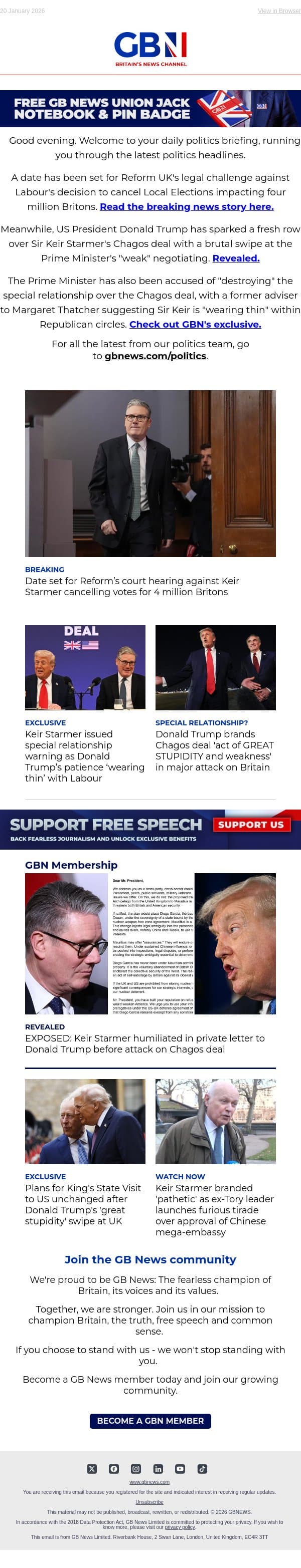 Date set for Reform legal challenge | Trump sparks Chagos row | Starmer receives US warning email from GB News screenshot
