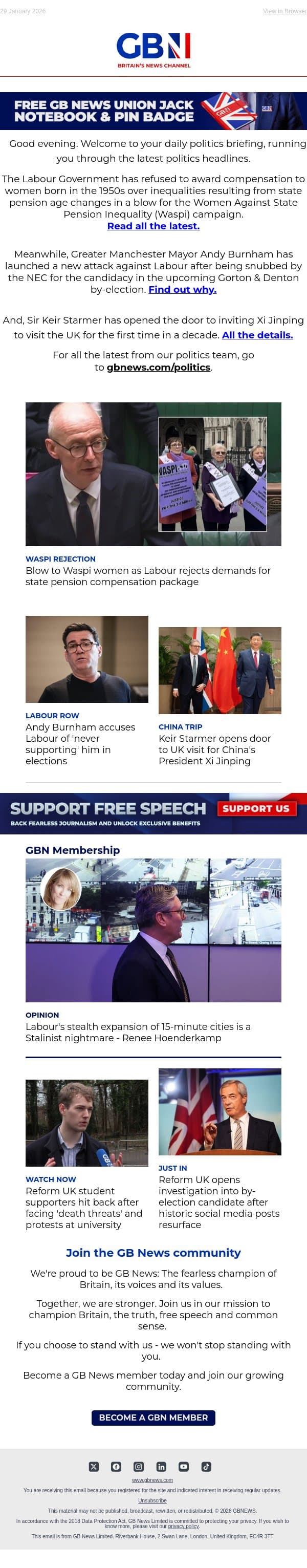 Labour makes Waspi decision | Burnham attacks Labour again | Xi Jinping might visit UK email from GB News screenshot