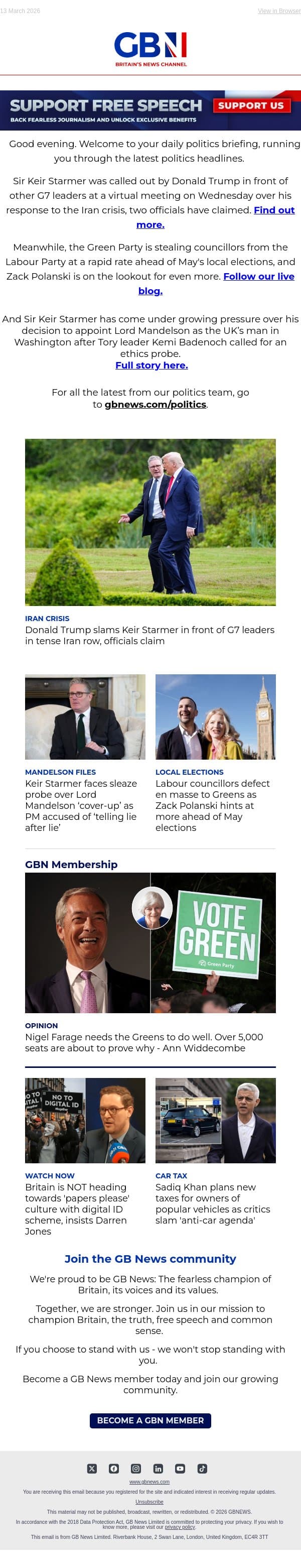 Trump and Starmer in G7 clash | Labour suffers defection deluge | PM faces sleaze probe email from GB News screenshot