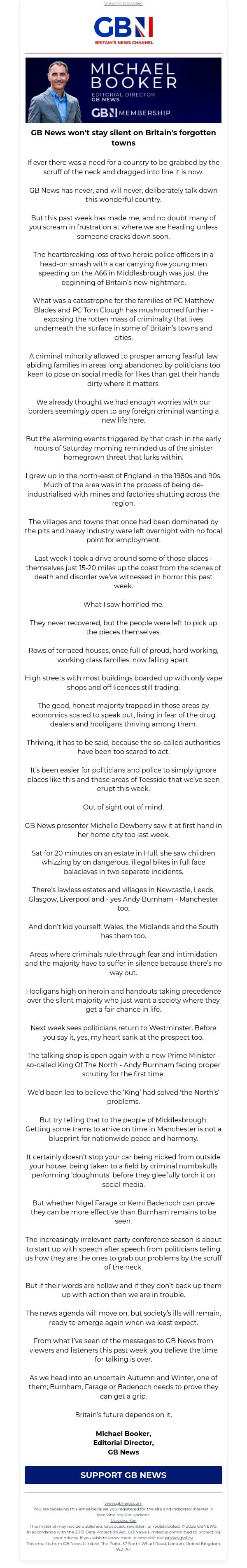 Michael Booker: We love this country too much to stay quiet email from GB News screenshot