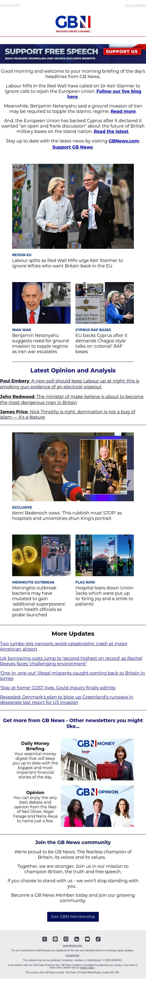 Labour splits over rejoining EU | Netanyahu calls for Iran invasion | EU backs Cyprus bases removal email from GB News screenshot