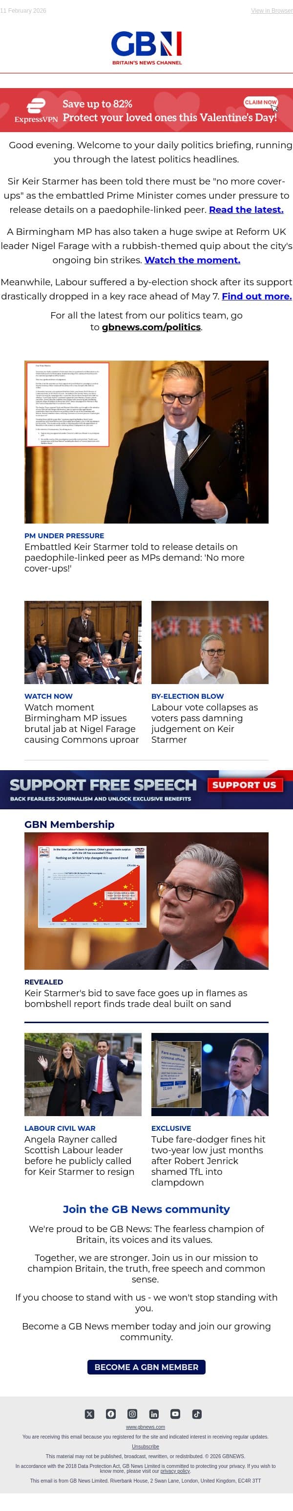 PM told 'no more cover-ups' | MP swipes at Farage in PMQs | Labour vote slumps in by-election shock email from GB News screenshot