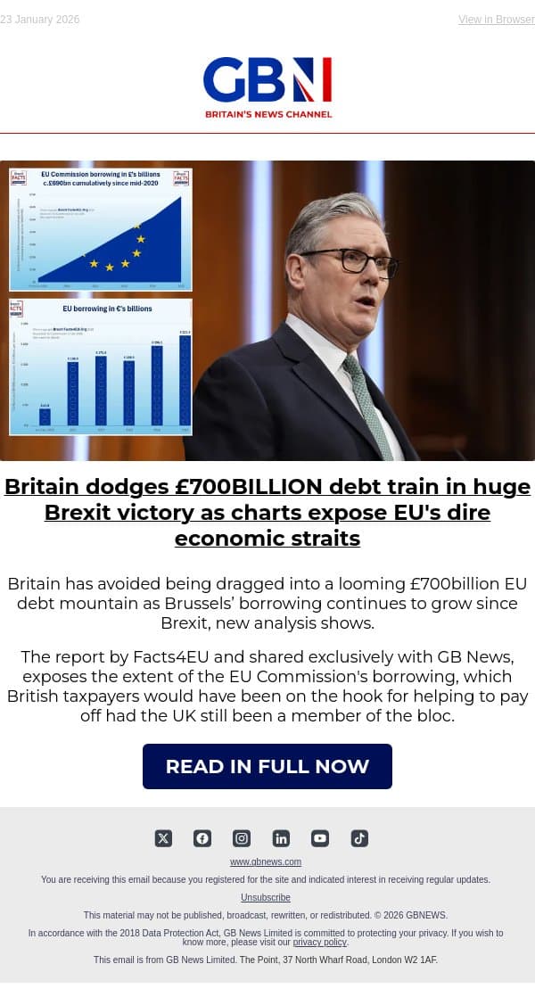 Britain dodges £700BILLION debt train in Brexit victory as charts expose EU's dire economic straits email from GB News screenshot