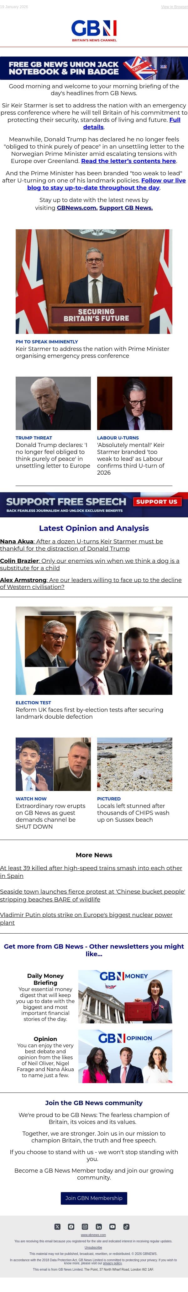 Starmer to address nation | Trump issues unsettling letter to Europe | PM 'too weak to lead' email from GB News screenshot