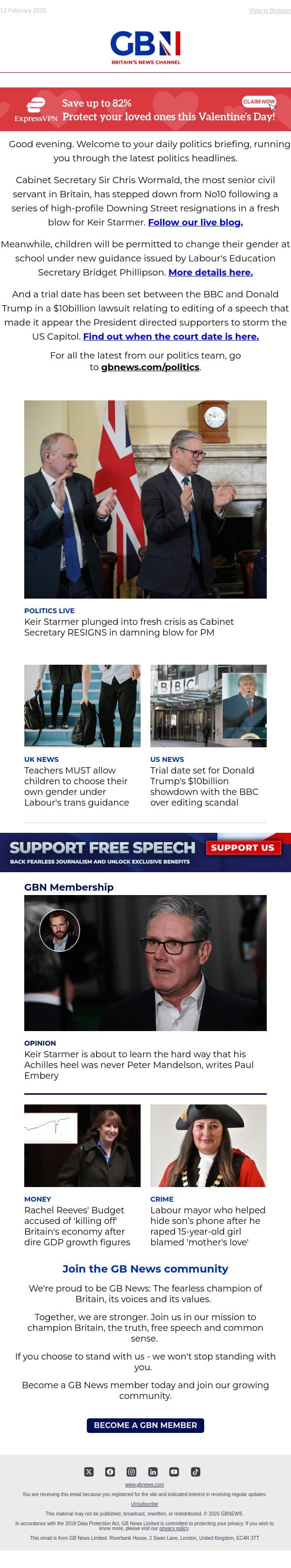 Cabinet Secretary QUITS | Labour unveils trans school guidance | Trump's BBC showdown set email from GB News screenshot