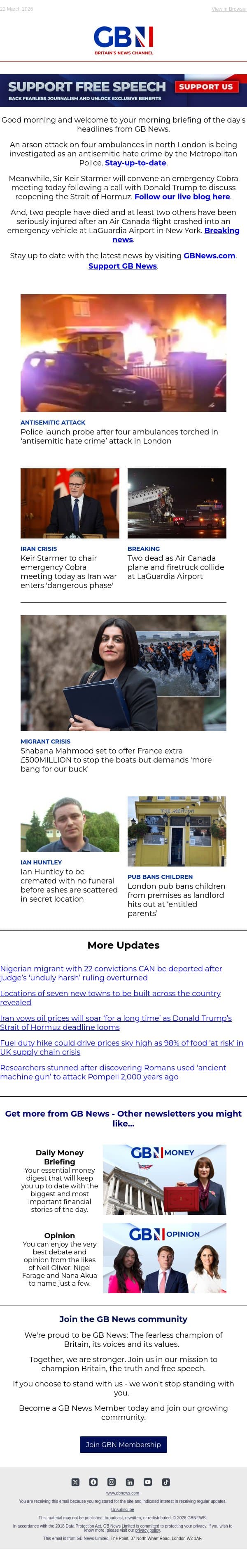 Ambulances torched in antisemitic attack | PM in urgent Cobra meeting | New York airport plane crash email from GB News screenshot