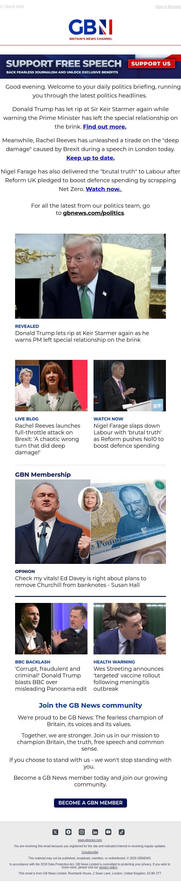 Trump says UK 'was best until Starmer came along' | Reeves's Brexit attack | Farage's 'brutal truth' email from GB News screenshot