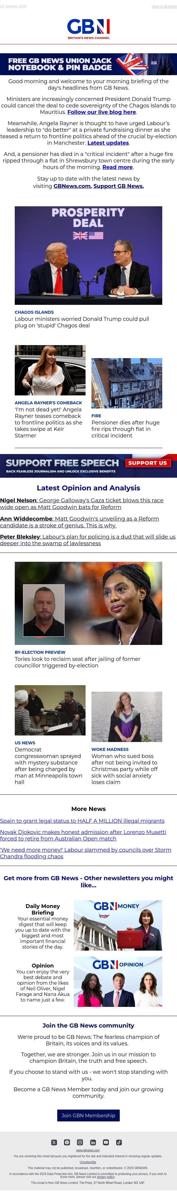 Labour worried Trump could kill Chagos deal | Rayner teases comeback | Pensioner dies in huge fire email from GB News screenshot