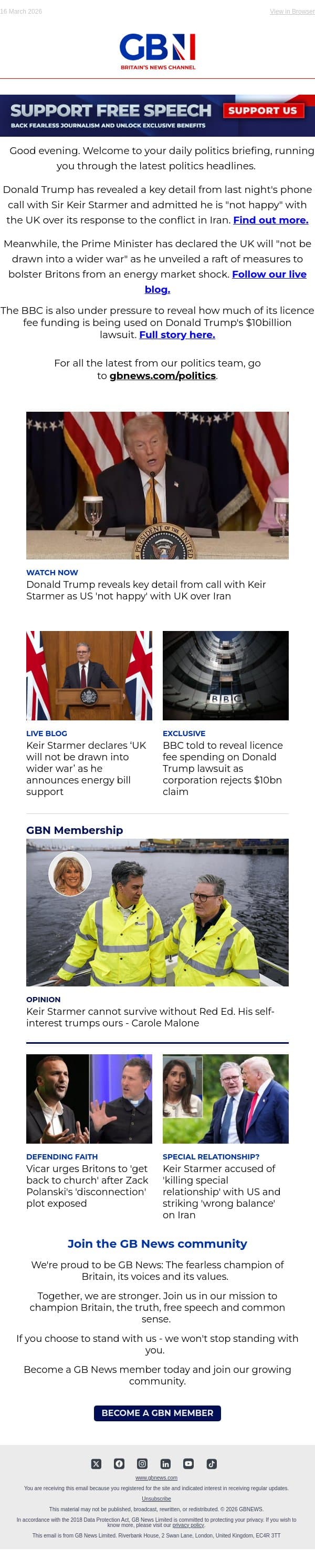 Trump reveals key detail from Starmer call | PM rules out UK joining war | BBC under pressure email from GB News screenshot