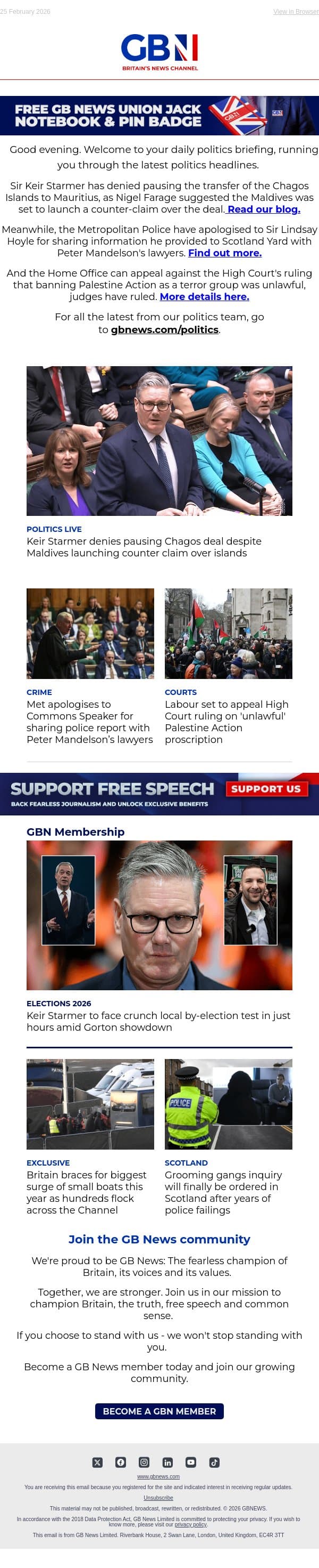 PM denies Chagos pause | Met apology to Speaker | Labour set to appeal Palestine Action ruling email from GB News screenshot