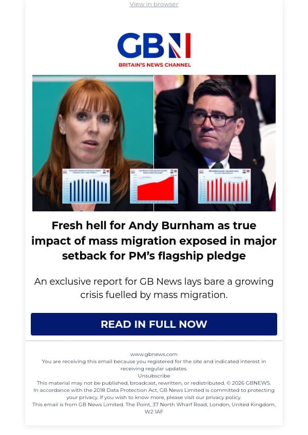 Fresh hell for Andy Burnham as true impact of mass migration exposed in major setback for PM’s flagship pledge email from GB News screenshot