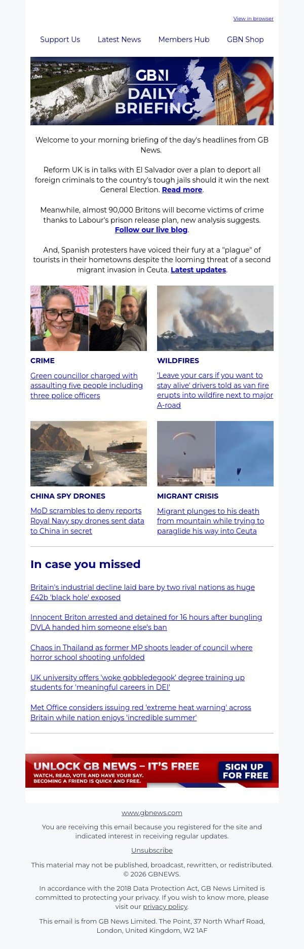 Reform in talks with El Salvador to deport all migrant criminals there email from GB News screenshot