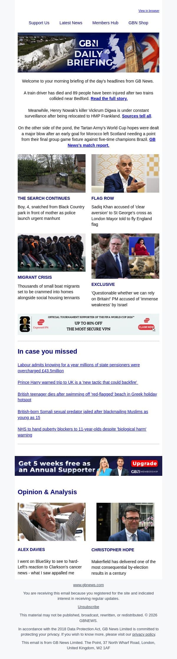 Horror Bedford train crash leaves one dead and 89 injured email from GB News screenshot