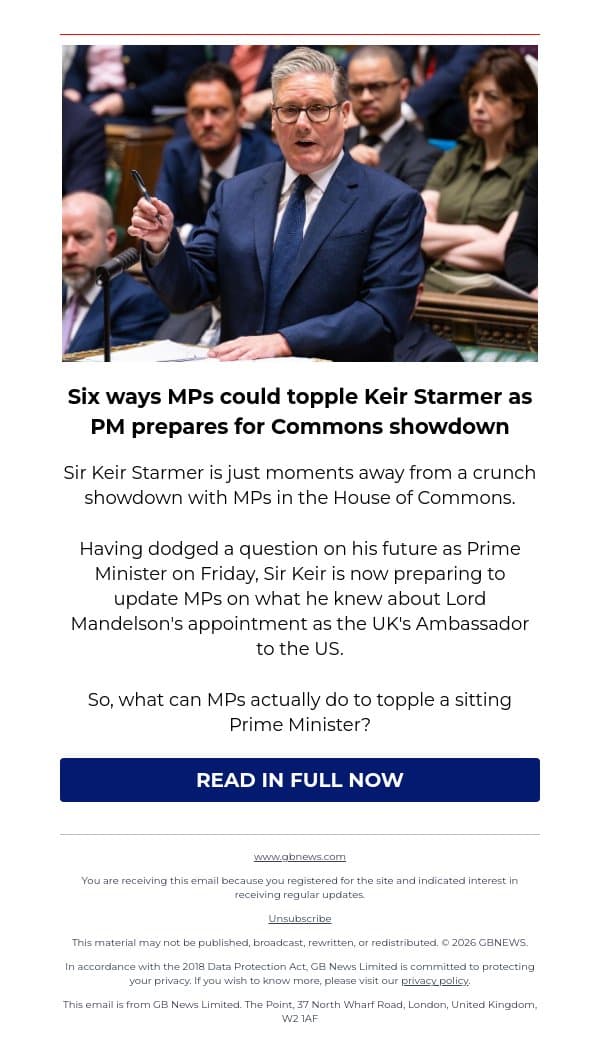Six ways MPs could topple Keir Starmer as PM prepares for Commons showdown email from GB News screenshot