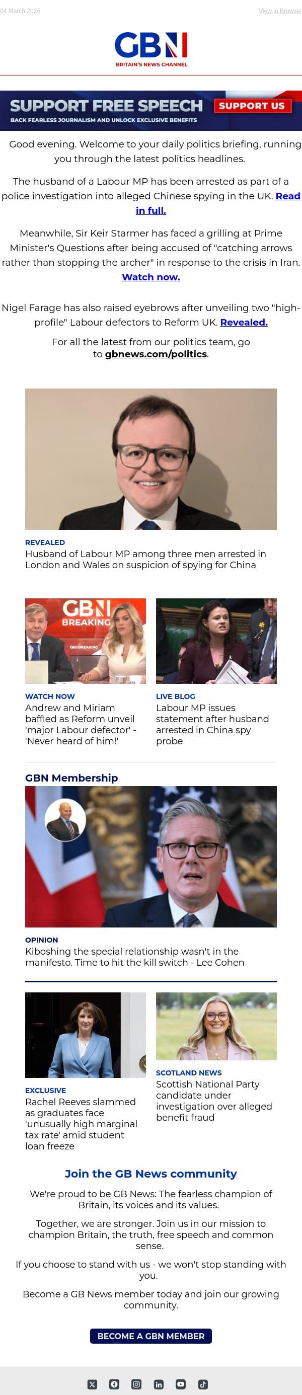 Labour MP's husband arrested | Keir Starmer grilled at PMQs | Reform unveils Labour defectors email from GB News screenshot