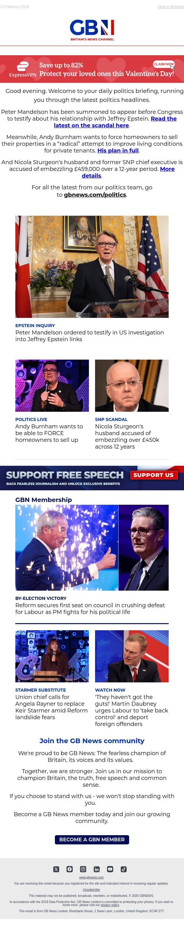 Mandelson to face Congress | Burnham’s homeowner plan | Sturgeon's husband faces embezzlement charge email from GB News screenshot