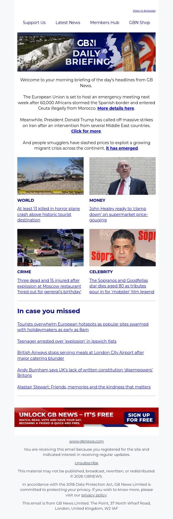 EU will host emergency meeting next week after 60,000 migrants storm Spanish border into Ceuta email from GB News screenshot