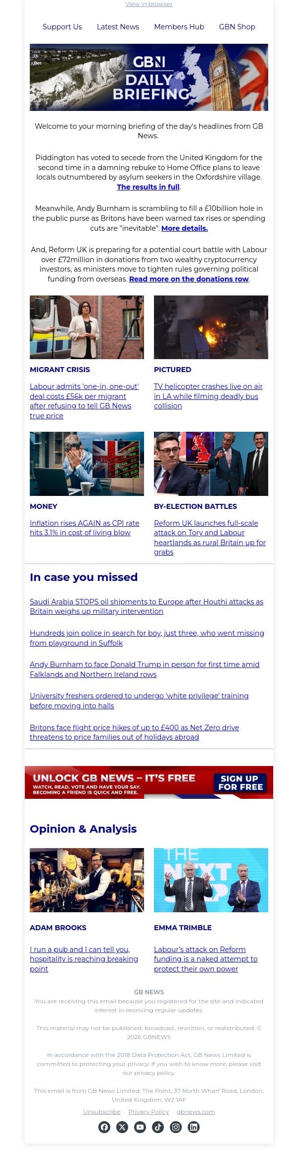 Piddington declares 'independence' over illegal migrant housing email from GB News screenshot