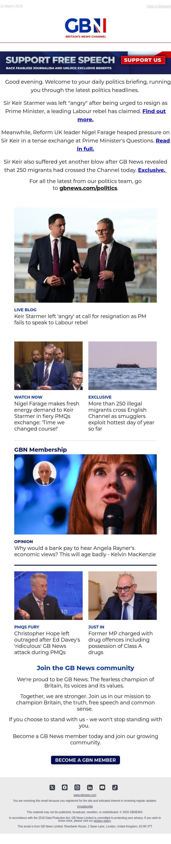 PM left 'angry' at call to resign | Nigel Farage in fiery PMQs exchange | Fresh small boats surge email from GB News screenshot