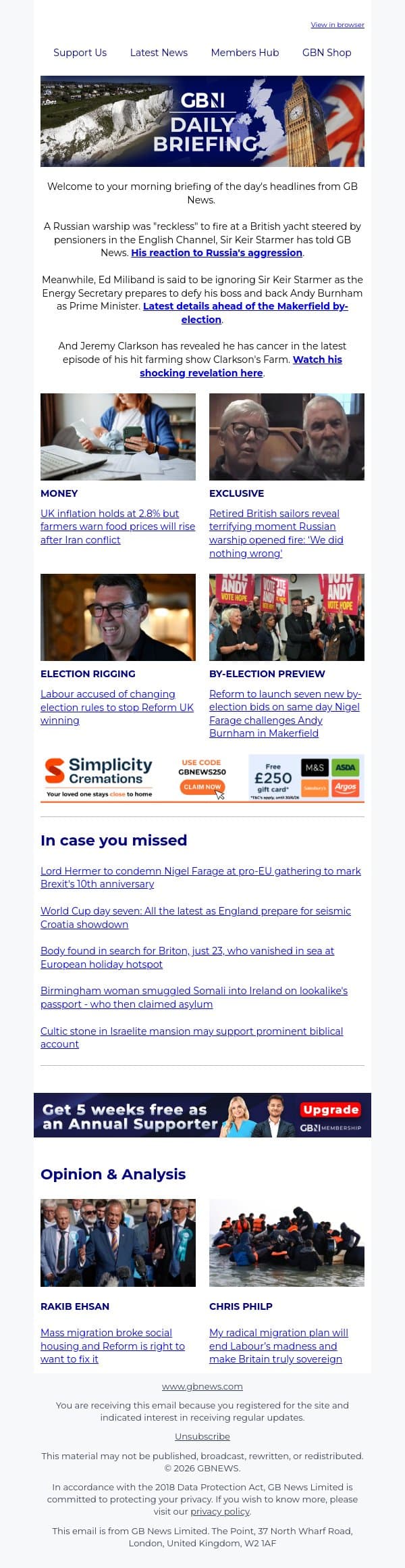Starmer: Russian warship 'reckless' to fire shots at pensioners email from GB News screenshot