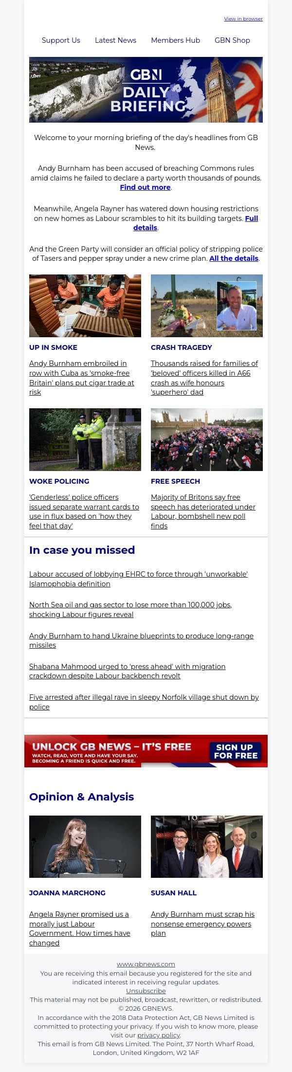 Burnham accused of breaching rules after 'failing to declare VIP party' email from GB News screenshot