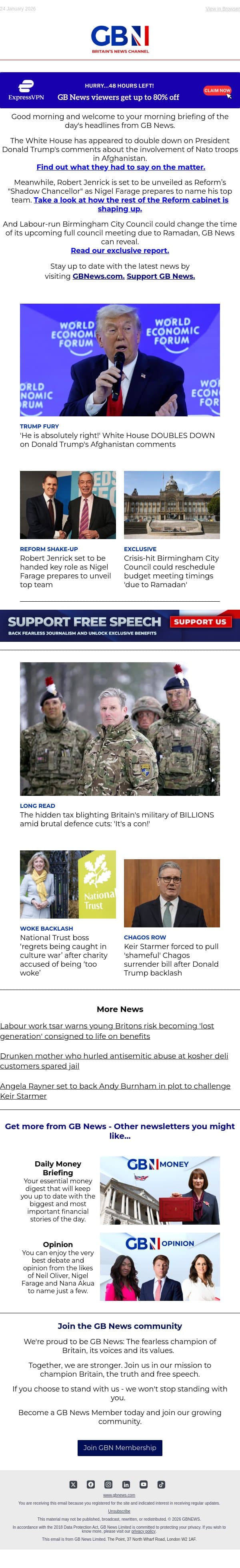 White House backs Trump remarks | Jenrick's new Reform role | Ramadan shifts council meetings email from GB News screenshot