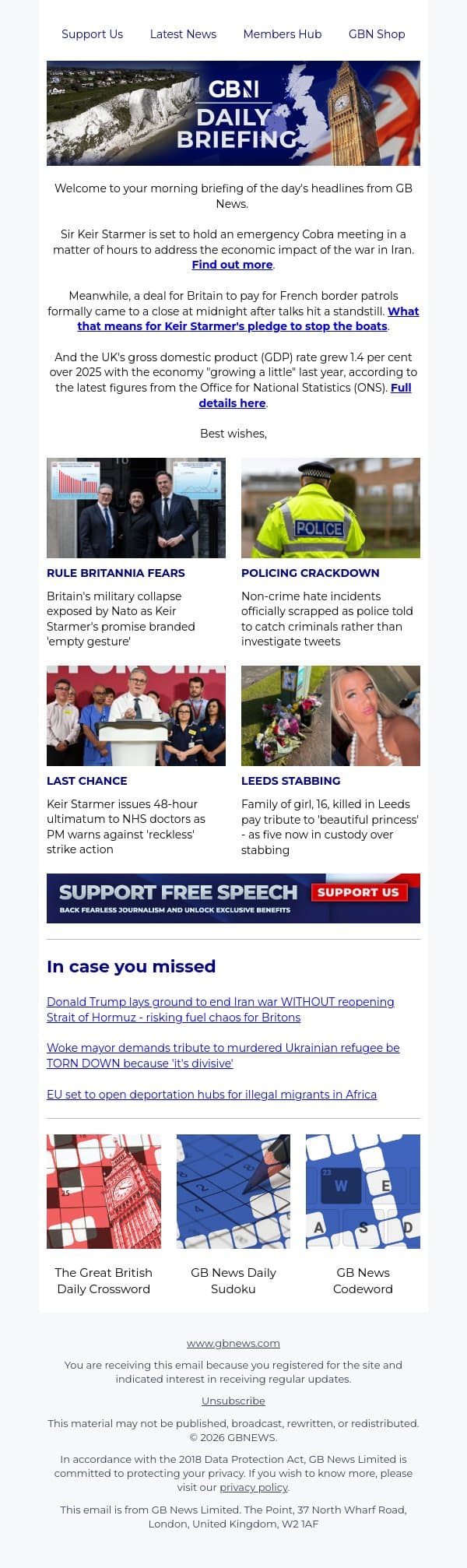 Keir Starmer to hold emergency Cobra meeting TODAY email from GB News screenshot