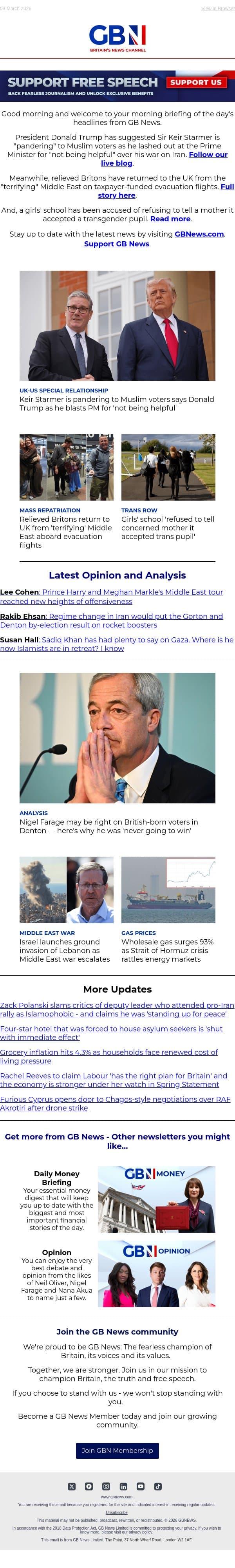 PM panders to Muslims says Trump | Britons back from Middle East | Girls' school accepts trans pupil email from GB News screenshot