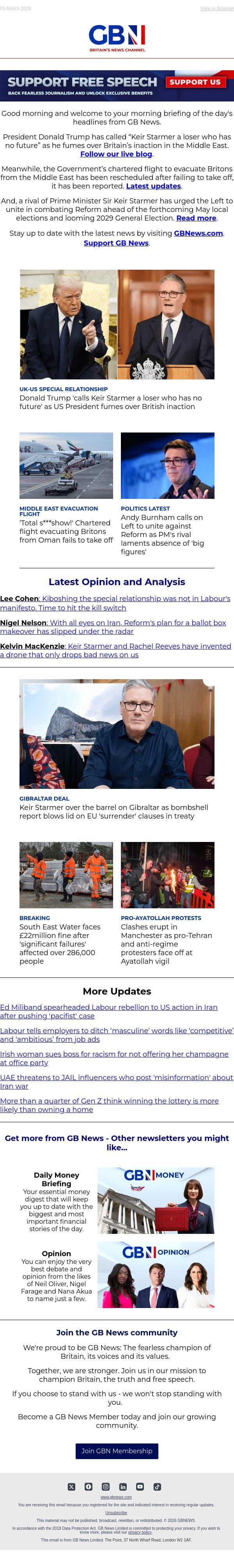 Trump calls PM a 'loser' | UK evacuation flight fails to take off | Miliband leads Cabinet revolt email from GB News screenshot