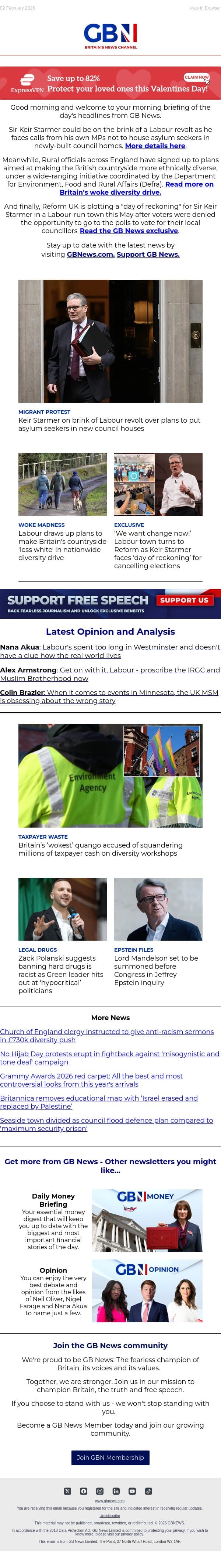 PM on brink of revolt | Plan to make rural Britain 'less white' | Starmer’s ‘day of reckoning’ email from GB News screenshot