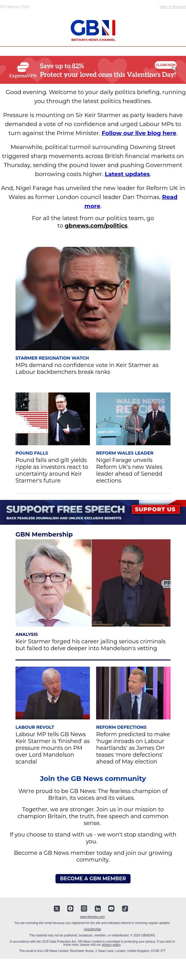 MPs demand PM no confidence vote | Pound falls over Starmer's future | Reform Wales leader unveiled email from GB News screenshot
