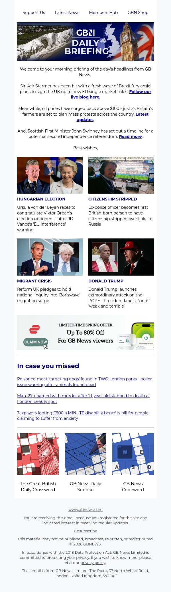 Keir Starmer accused of 'Brexit betrayal' over plans to put UK under EU control email from GB News screenshot