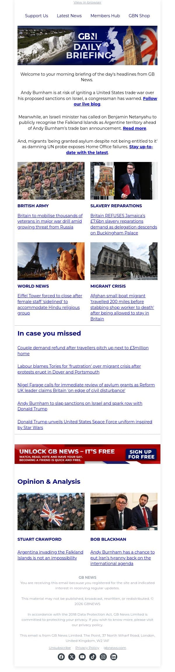 Burnham warned against igniting US trade war over Israeli settlement sanctions email from GB News screenshot