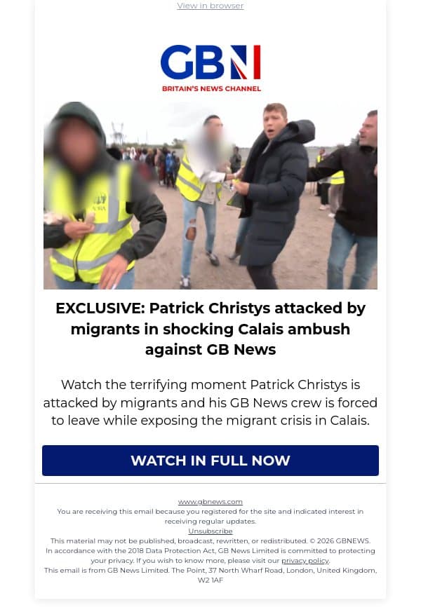 EXCLUSIVE: Patrick Christys attacked by migrants in shocking Calais ambush against GB News email from GB News screenshot