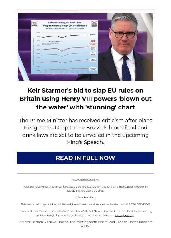 Keir Starmer's bid to slap EU rules on Britain using Henry VIII powers 'blown out the water' with 'stunning' chart email from GB News screenshot